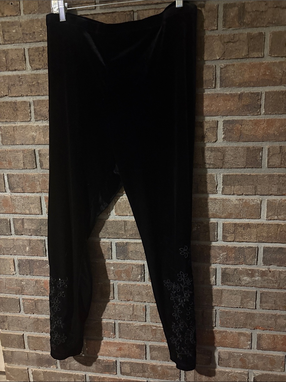 Johnny Was Black Velvet Leggings with Floral Embroidered Hem